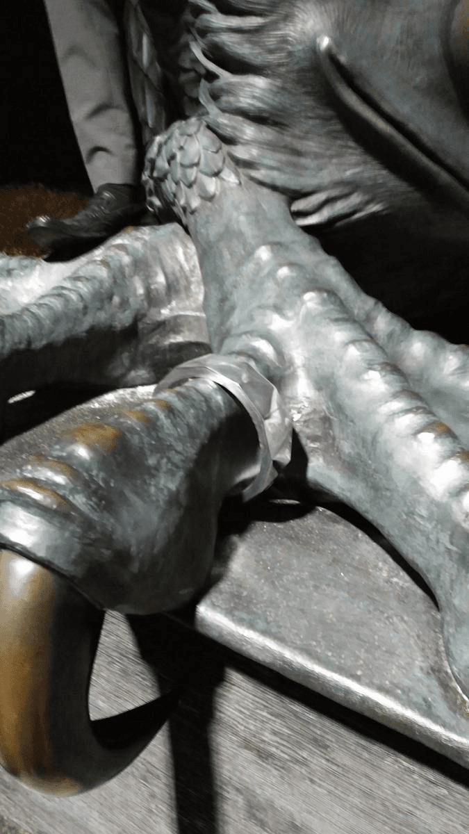 Close-up of the Gryphon statue from 2018 wearing the original Iron Ring.