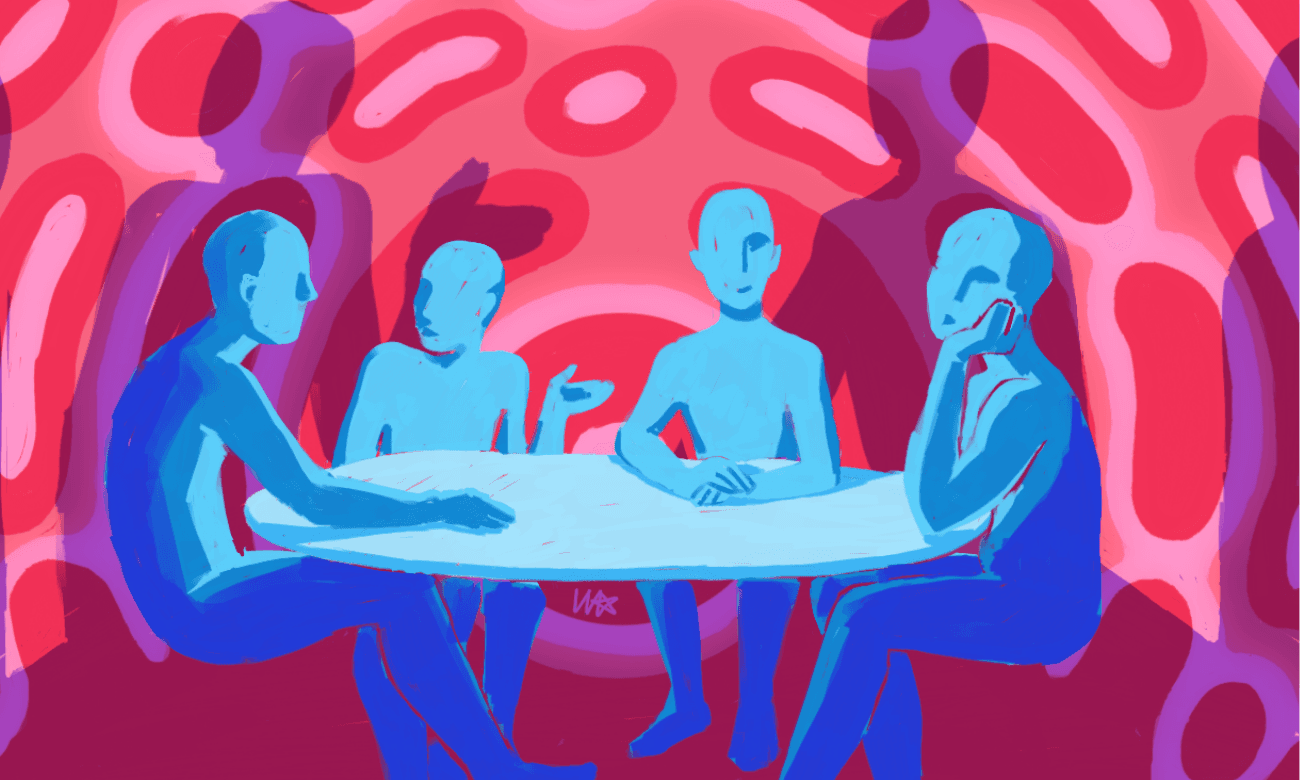 trans and gender diverse social canva graphic, blue people pink and purple background