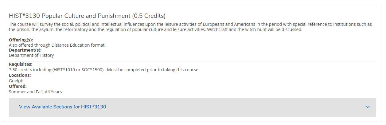 Screenshot of course description for HIST*3130 in WebAdvisor