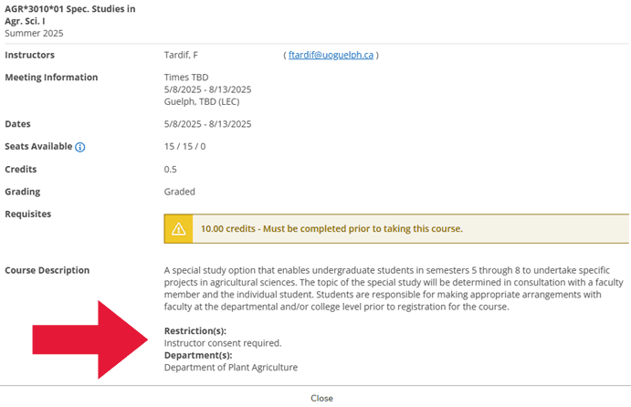 Screenshot of course description on WebAdvisor, with arrow pointing towards the restriction details about instructor consent being required