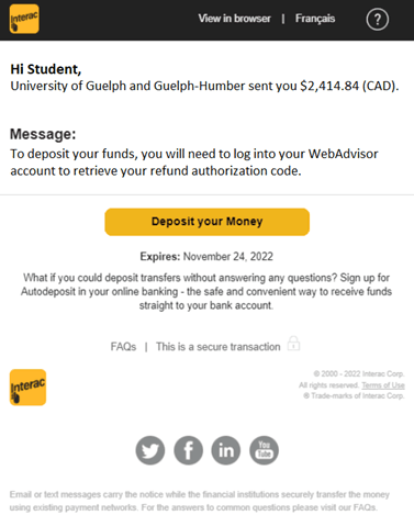 Screenshot of the email example from Interac