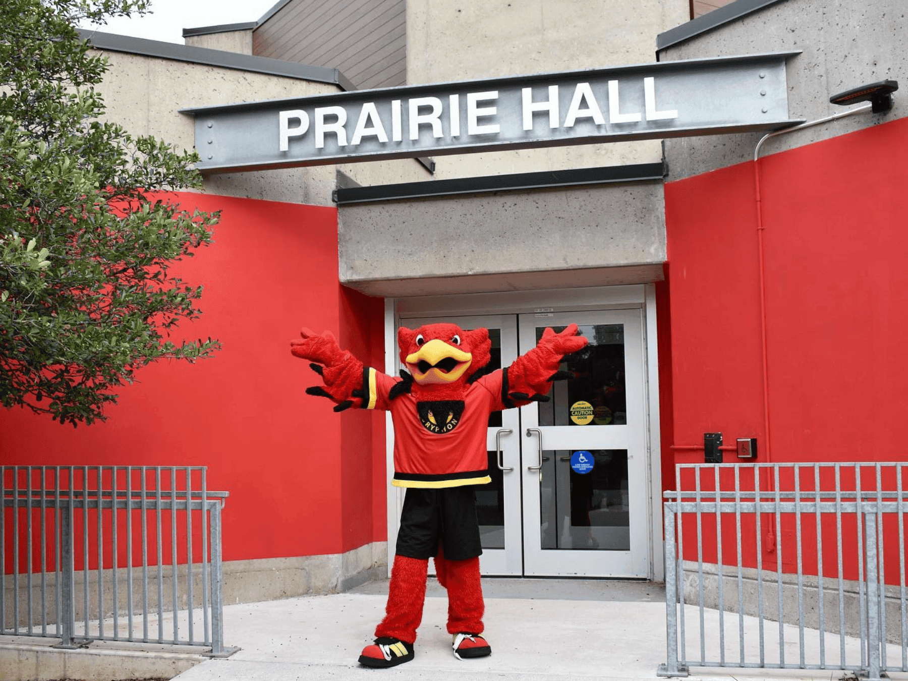Gryph in front of Prairie Hall